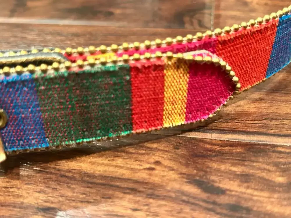 Vintage Multicolor Striped Tapestry Belt w Gold-Tone Bead Edges Boho Maximalist